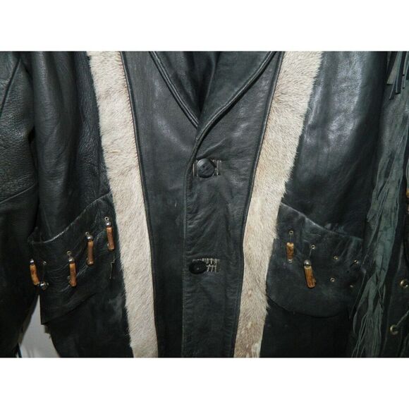 Vintage D. Frank Jacket Men Size‎ X-Large Black Leather White Fur Fringed Beaded - Picture 7 of 14